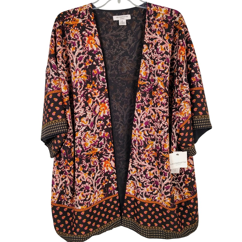 NWT Liz Claiborne Womens 1X Folklorica Kimono Navy Multi Floral Boho Eclectic